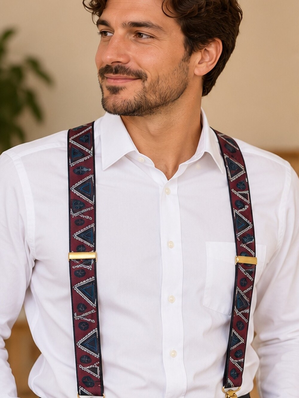 Vintage Burgundy Geometric Clip-On Suspenders – Gold Tone Hardware